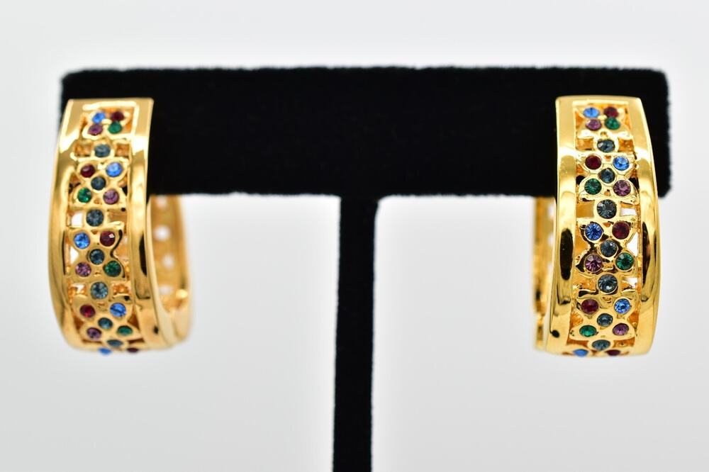 Vintage Crystal Clip On Earrings Multi-Color Rhinestone Gold Heavy NOS 1980s A28